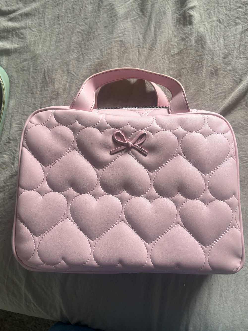 Betsey Johnson Light Pink Quilted Heart Cosmetic Case with Bow